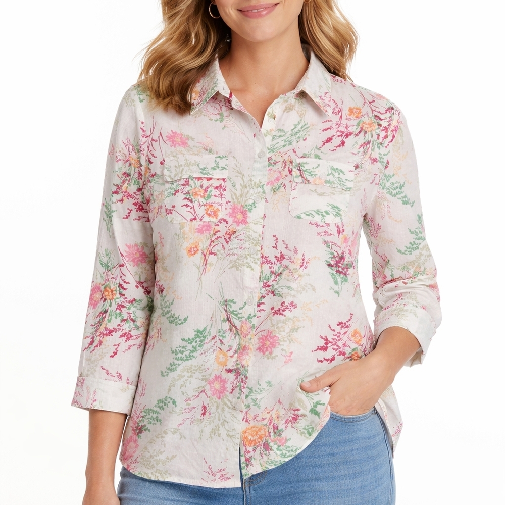Croft & Barrow Women’s Petite Large Floral Button Front Blouse Roll Tab Sleeve